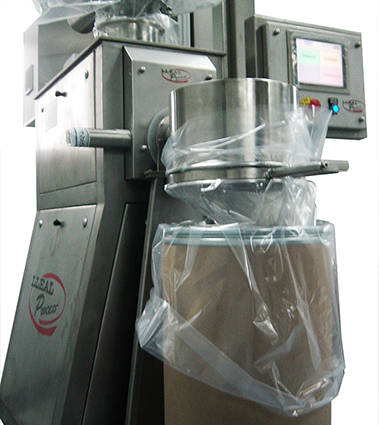 Sieving and bagging off equipment composed by Centrifugal screen CEN-650 Pharma feed by rotative valve D-2.5 and drum filler S-50-T. Equipment made for pharmaceutics raw materials