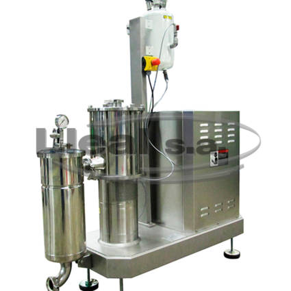 3 stage homogenizer model MHE 2/3 AV-150 with special pressurized mechanical seal. At the outlet can mount as on the picture a pressurized bag filter. Equipment for production of cosmetics.