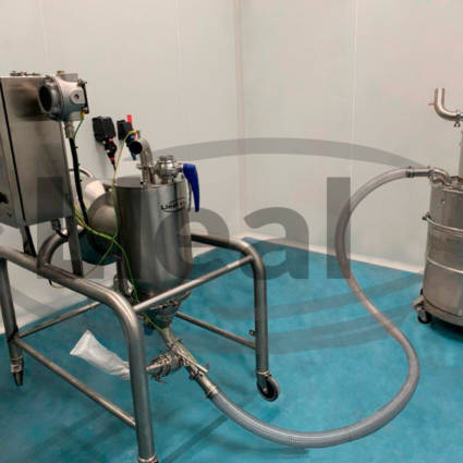 Mobile conical sieve shaker model GSWLL-220-M, Atex Group II connected to a vacuum aspirator for discharge of the processed product into a 200 litre drum.